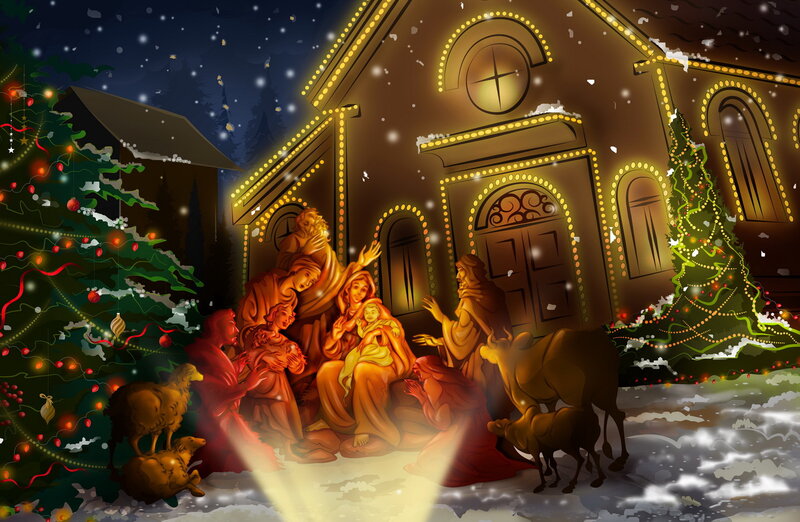 Nativity Scene in Snow — Brown, Peaceful, Night, Digital Art