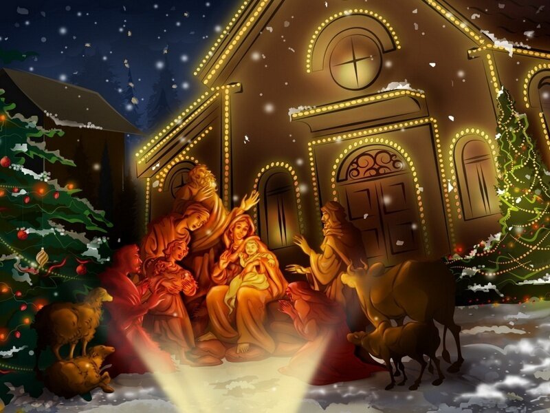 Nativity Scene in Snow — Gold