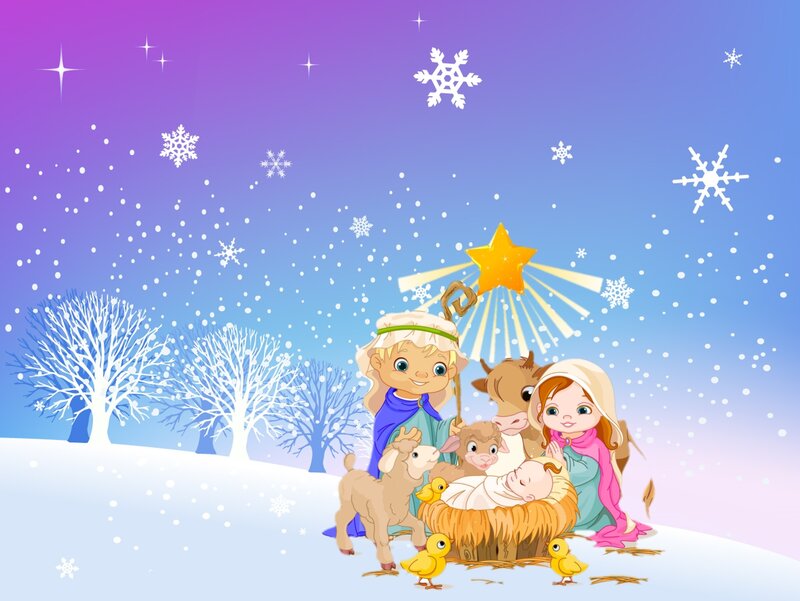 Nativity Scene in Snow — Purple