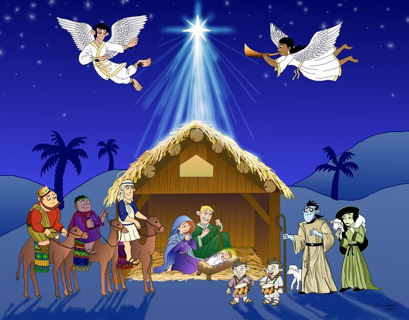 Nativity Scene with Angels — Blue, Peaceful, Night