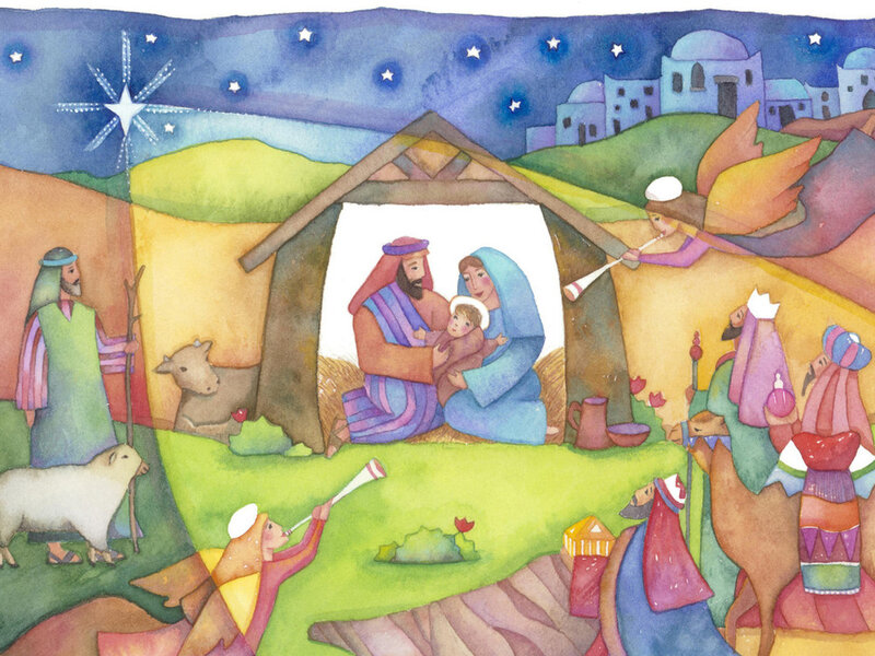 Nativity Scene with Angels — Blue, Peaceful