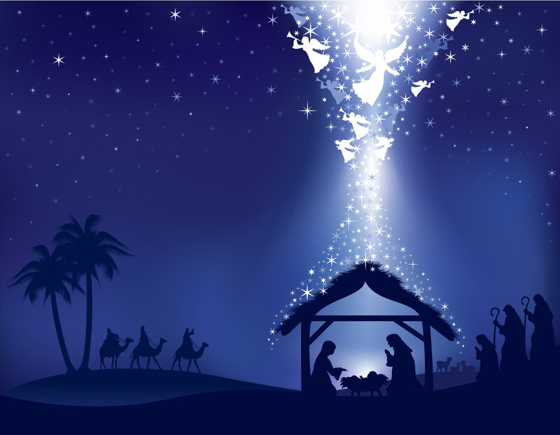 Nativity Scene with Angels — Blue, Serene, Night, Illustration