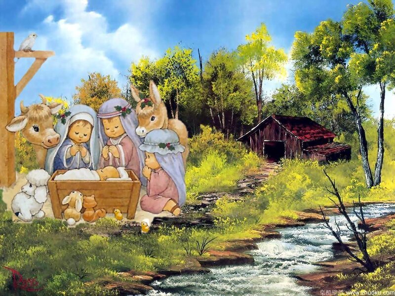 Nativity Scene with Animals — Green, Peaceful
