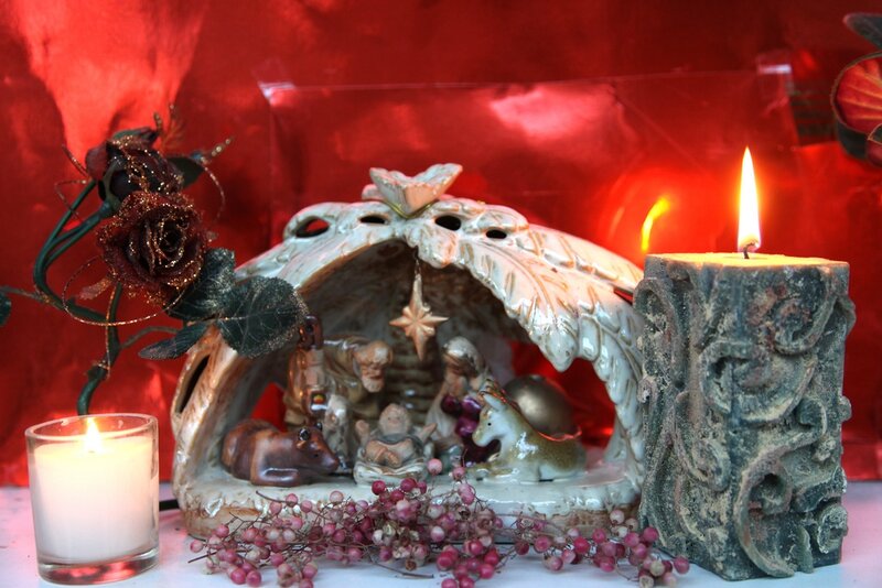 Nativity Scene with Candles — Red