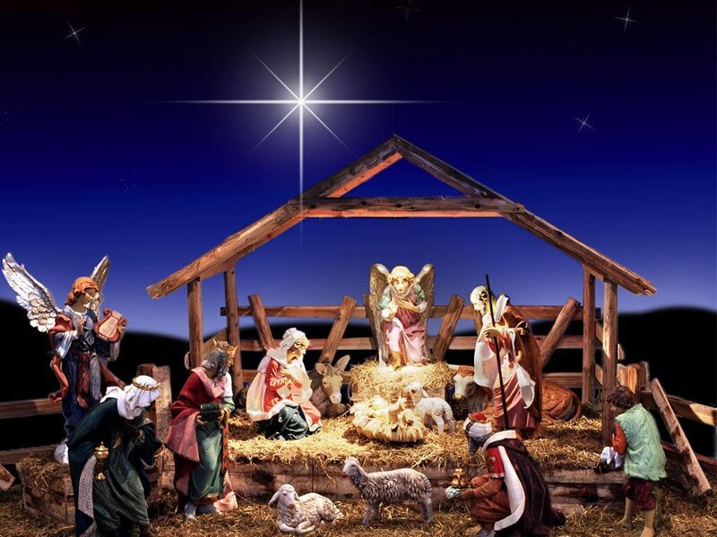 Nativity Scene with Figures — Blue, Serene, Night, Photograph