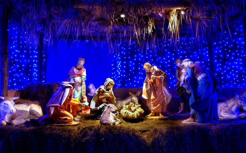 Nativity Scene with Figures — Blue, Serene, Night