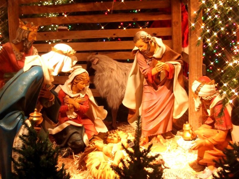 Nativity Scene with Figures — Brown, Serene, Night, Photograph