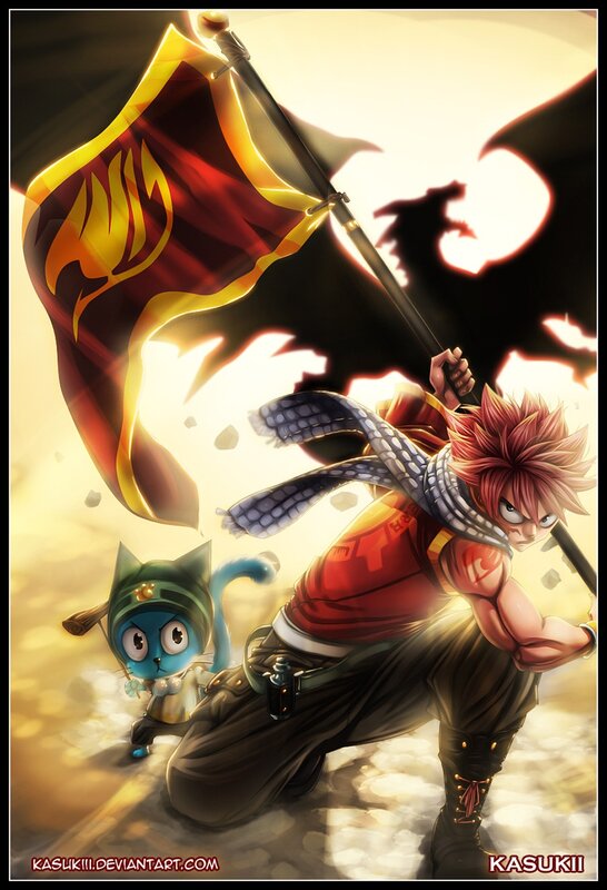 Natsu and Happy with Fairy Tail flag