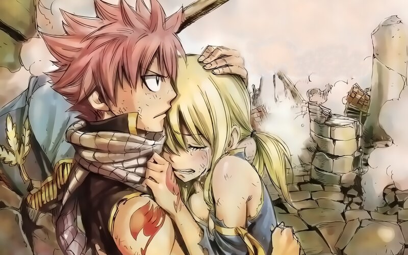 Natsu and Lucy embrace in battle