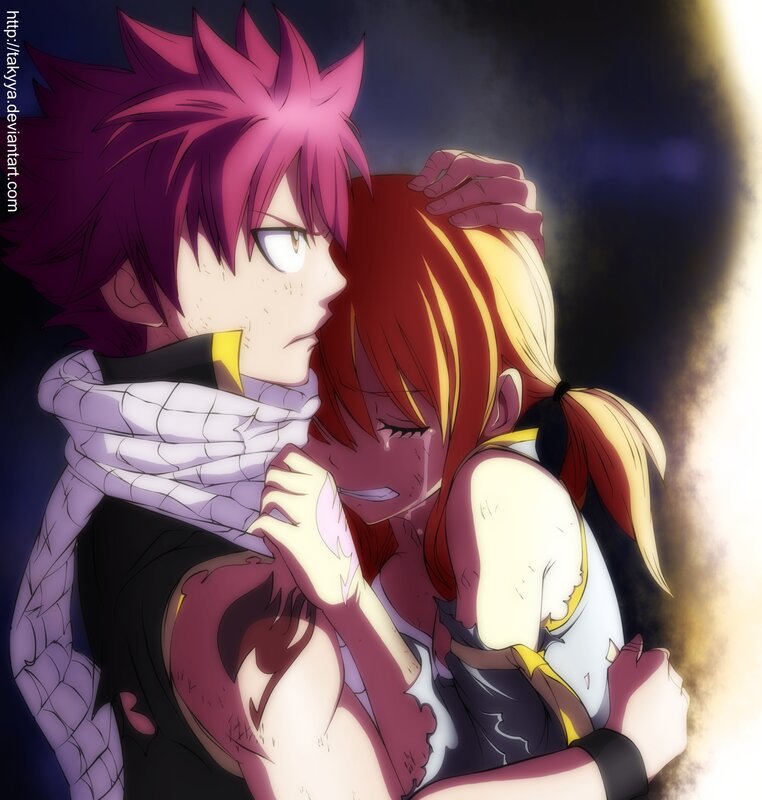 Natsu and Lucy embrace in pain