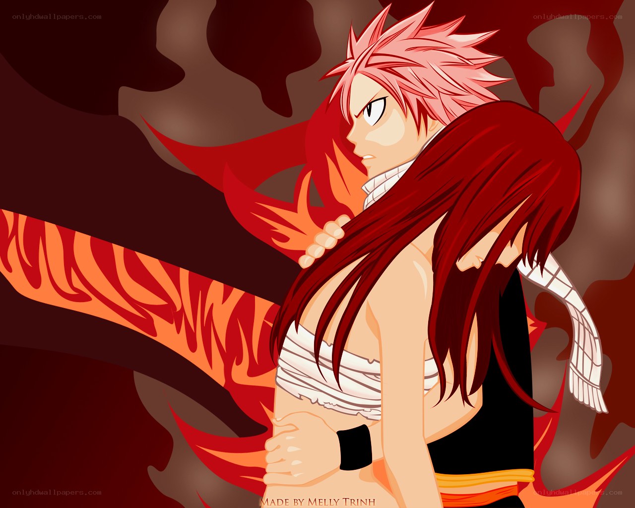 Natsu and Lucy in a dramatic embrace
