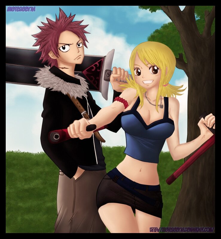 Natsu and Lucy in a playful fight