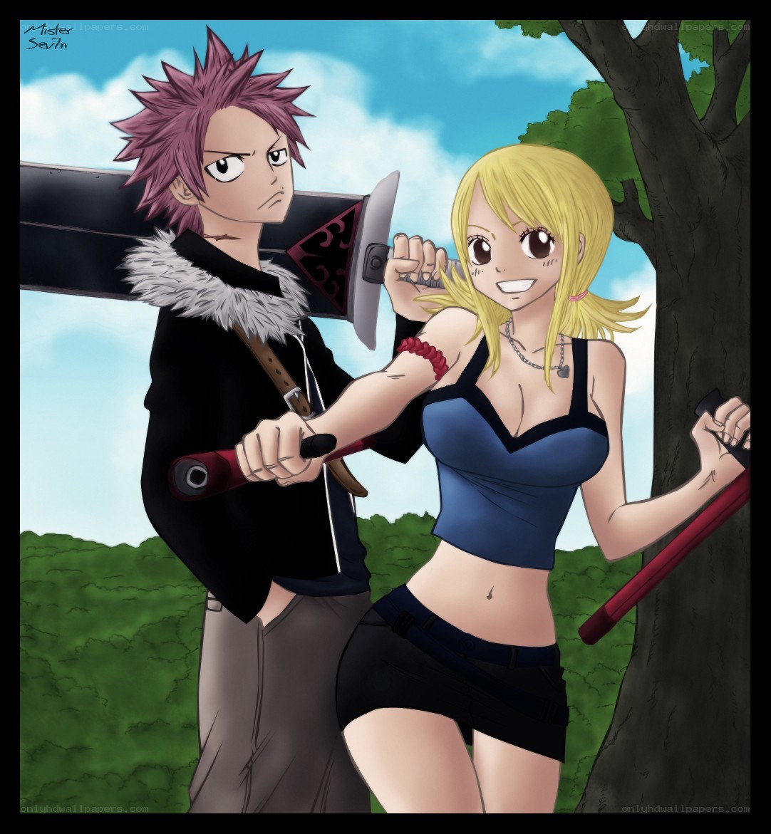 Natsu and Lucy with weapons