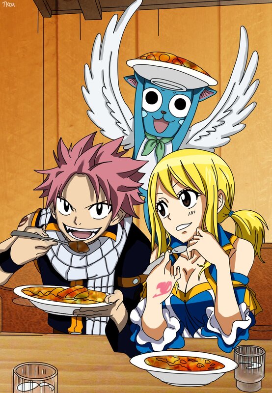 Natsu, Lucy, and Happy eating
