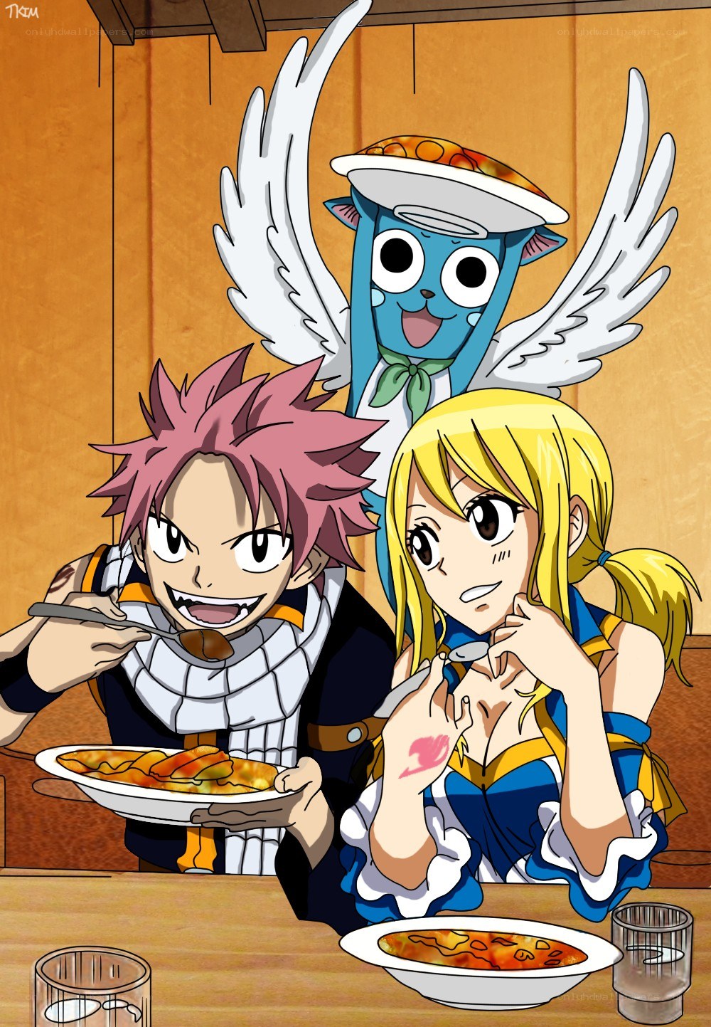 Natsu, Lucy, and Happy eating