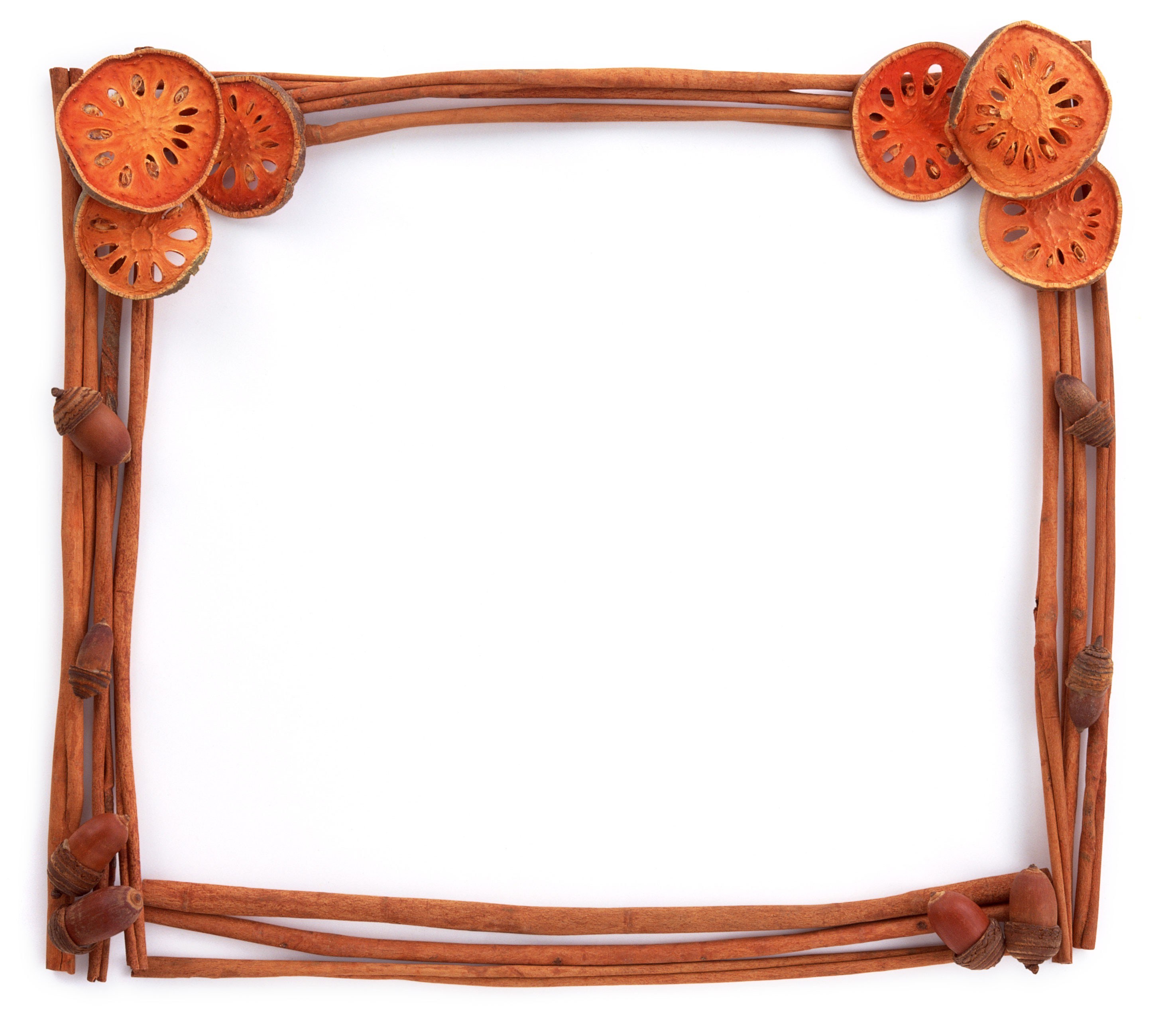 natural frame with cinnamon and acorns