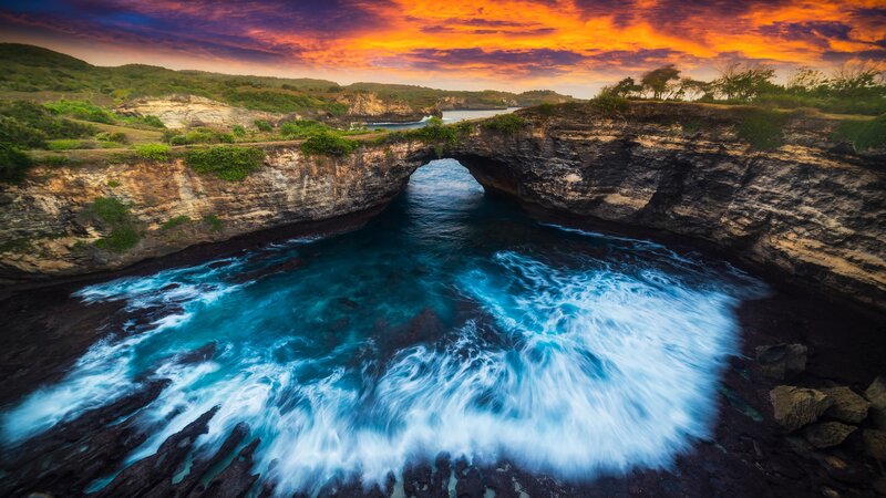 Natural Rock Arch at Coast — Blue, Dramatic