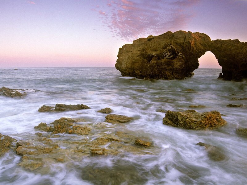 Natural Rock Arch at Coast — Purple, Serene, Sunset, Photograph