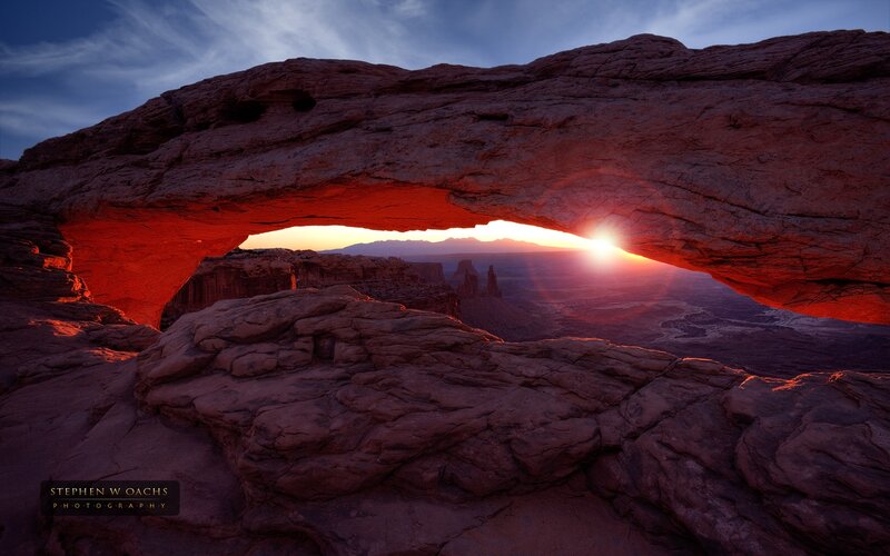 Natural Rock Arch at Sunset — Red, Dramatic, Photograph, Sun, Mountains
