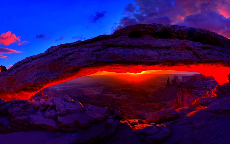 Natural Rock Arch at Sunset — Red, Dramatic, Photograph, Sun