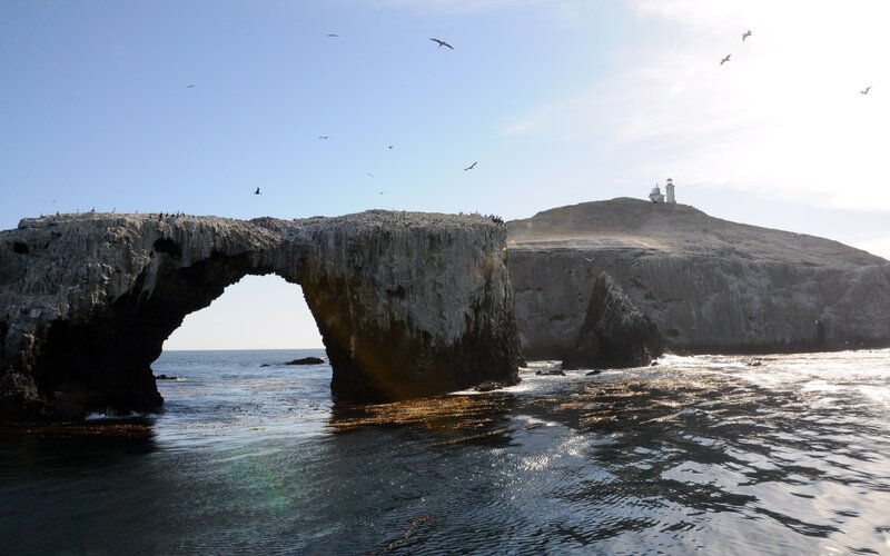 Natural Rock Arch — Blue, Serene, Afternoon, Photograph, Lighthouse, Birds