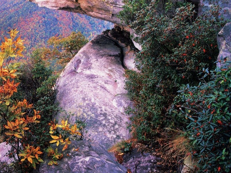 Natural rock arch in autumn forest