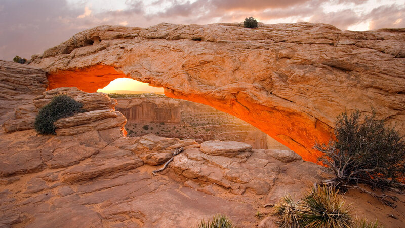 Natural Rock Arch — Orange, Dramatic, Sunrise, Photograph, Desert