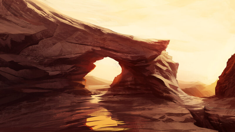 Natural Rock Arch — Orange, Dramatic, Sunset, Digital Art