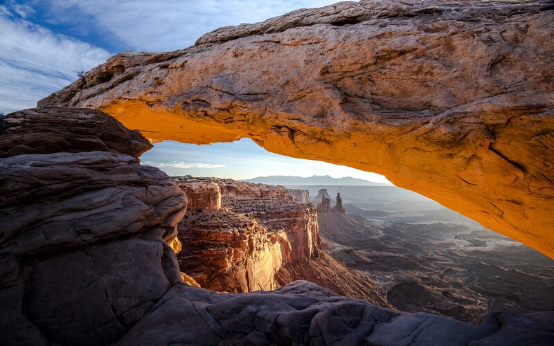 Natural Rock Arch — Orange, Dramatic, Sunset, Photograph, Cliff