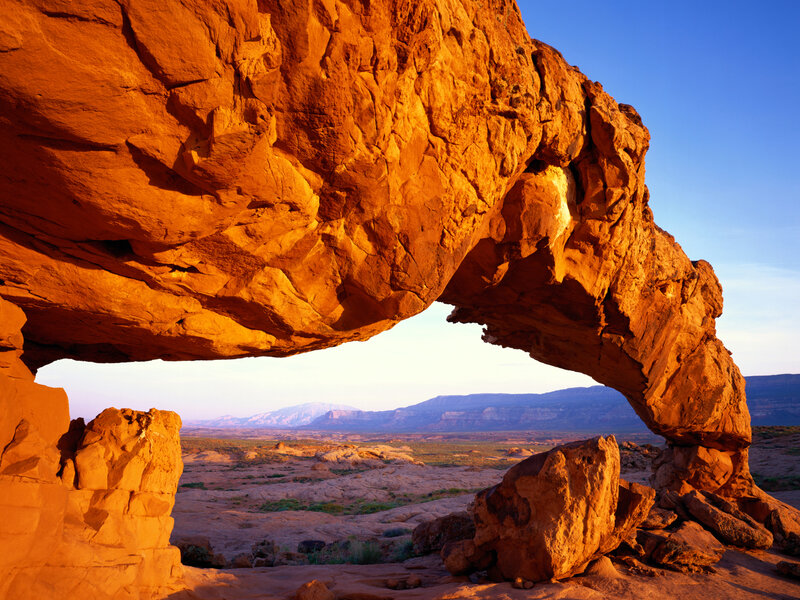Natural Rock Arch — Orange, Dramatic, Sunset, Photograph, Desert, Mountains