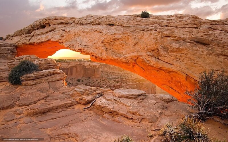 Natural Rock Arch — Orange, Dramatic, Sunset, Photograph, Desert, Sky