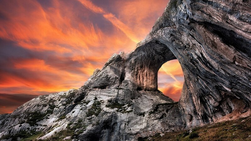 Natural Rock Arch — Orange, Dramatic, Sunset, Photograph, Mountain
