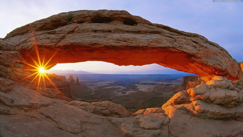 Natural Rock Arch — Orange, Dramatic, Sunset, Photograph, Sun, Mountains