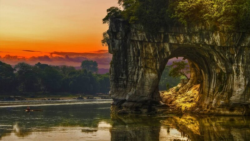Natural Rock Arch — Orange, Serene, Sunset, Photograph, River