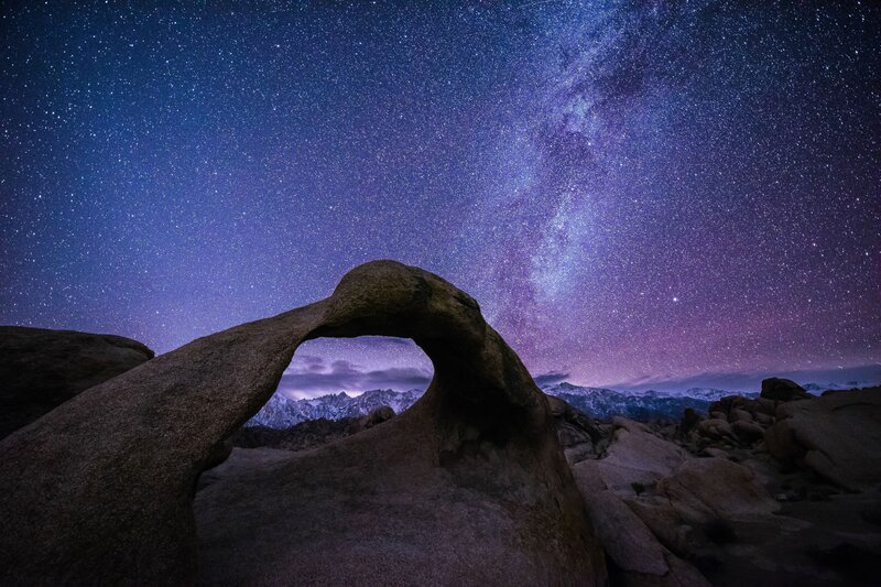 Natural Rock Arch — Purple, Serene, Night, Photograph, Stars