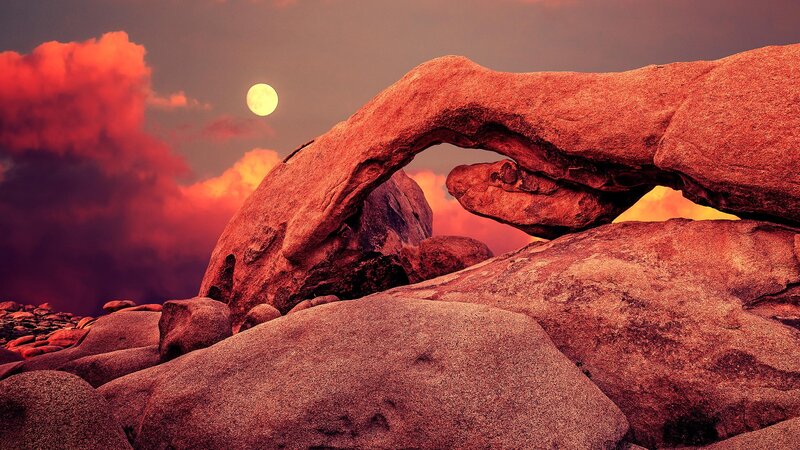Natural Rock Arch — Red, Dramatic, Night