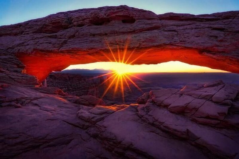 Natural Rock Arch — Red, Dramatic, Sunset, Photograph, Sun
