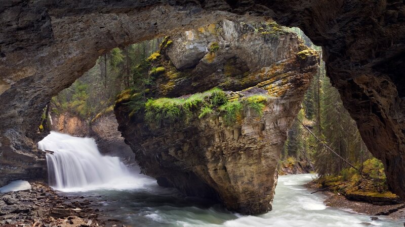 Natural Rock Arch Waterfall — Gray