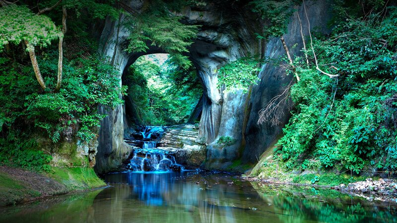 Natural Rock Arch Waterfall — Green, Serene, Afternoon