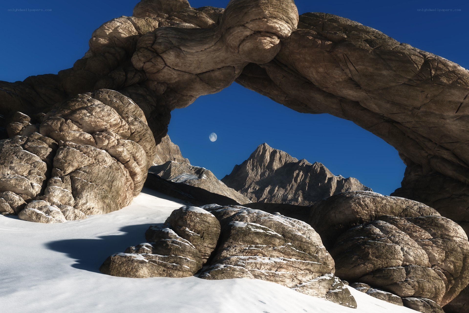 Natural rock arch with moon