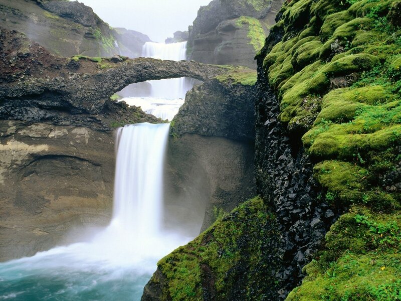 Natural Rock Bridge Waterfall — Green, Serene