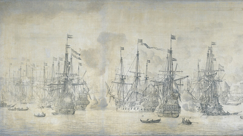 Naval battle scene with ships