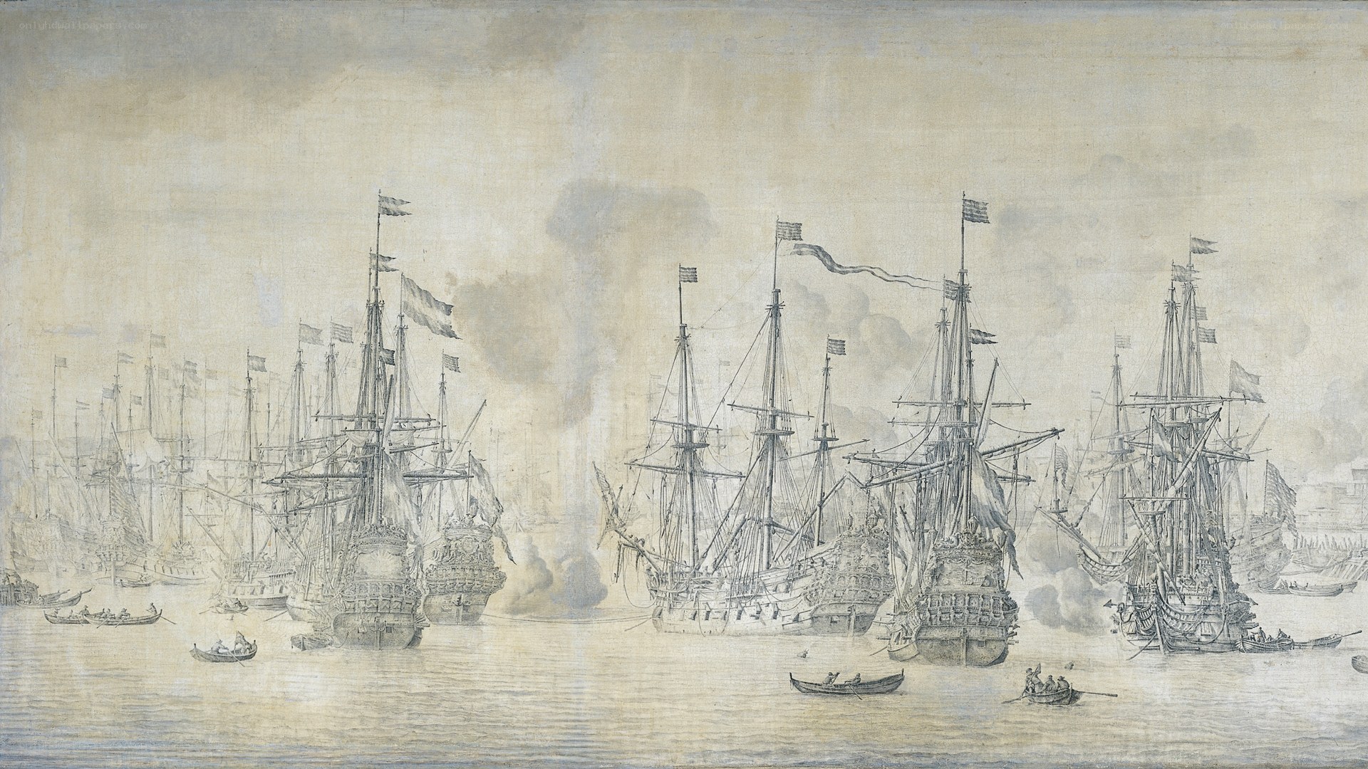 Naval battle scene with ships