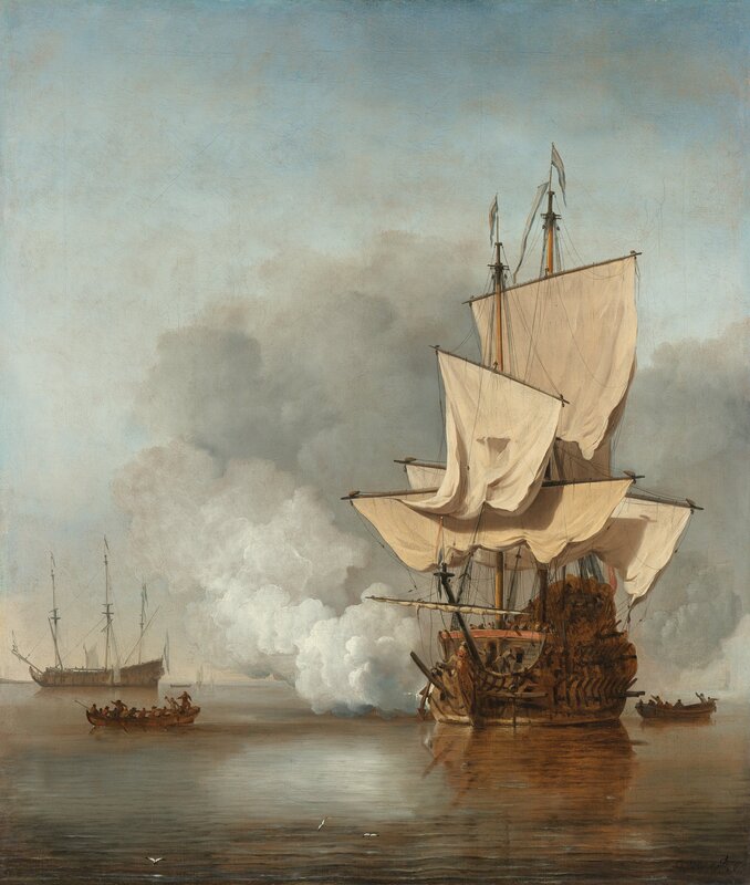 Naval battle scene with smoke