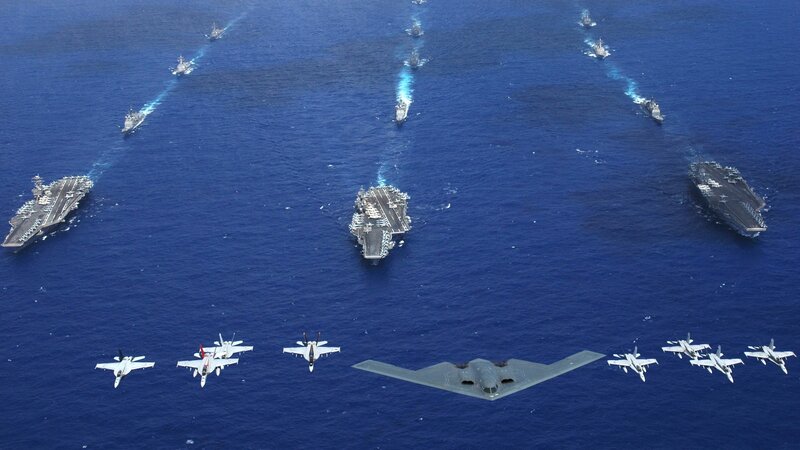 Naval fleet and aircraft formation