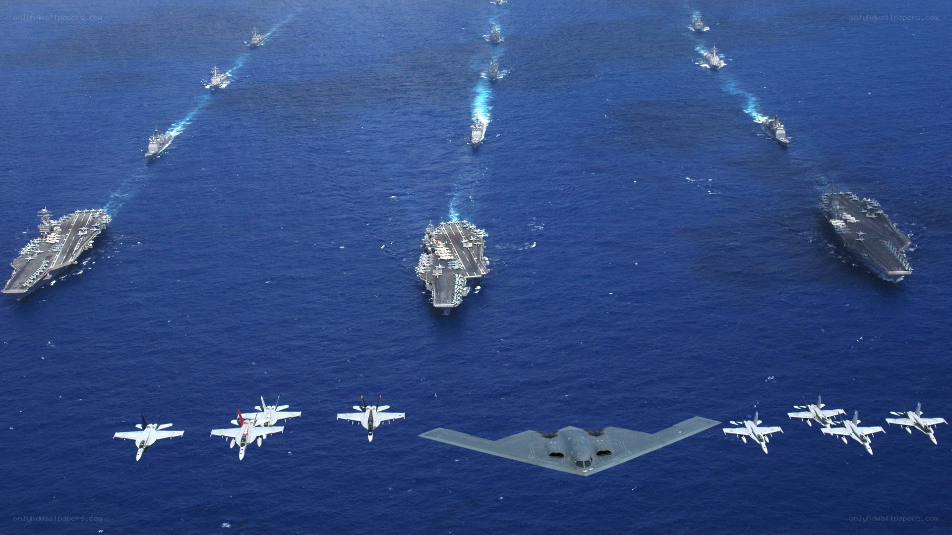Naval fleet and aircraft formation