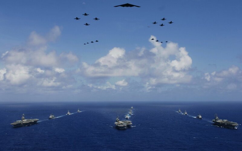Naval fleet and aircraft formation