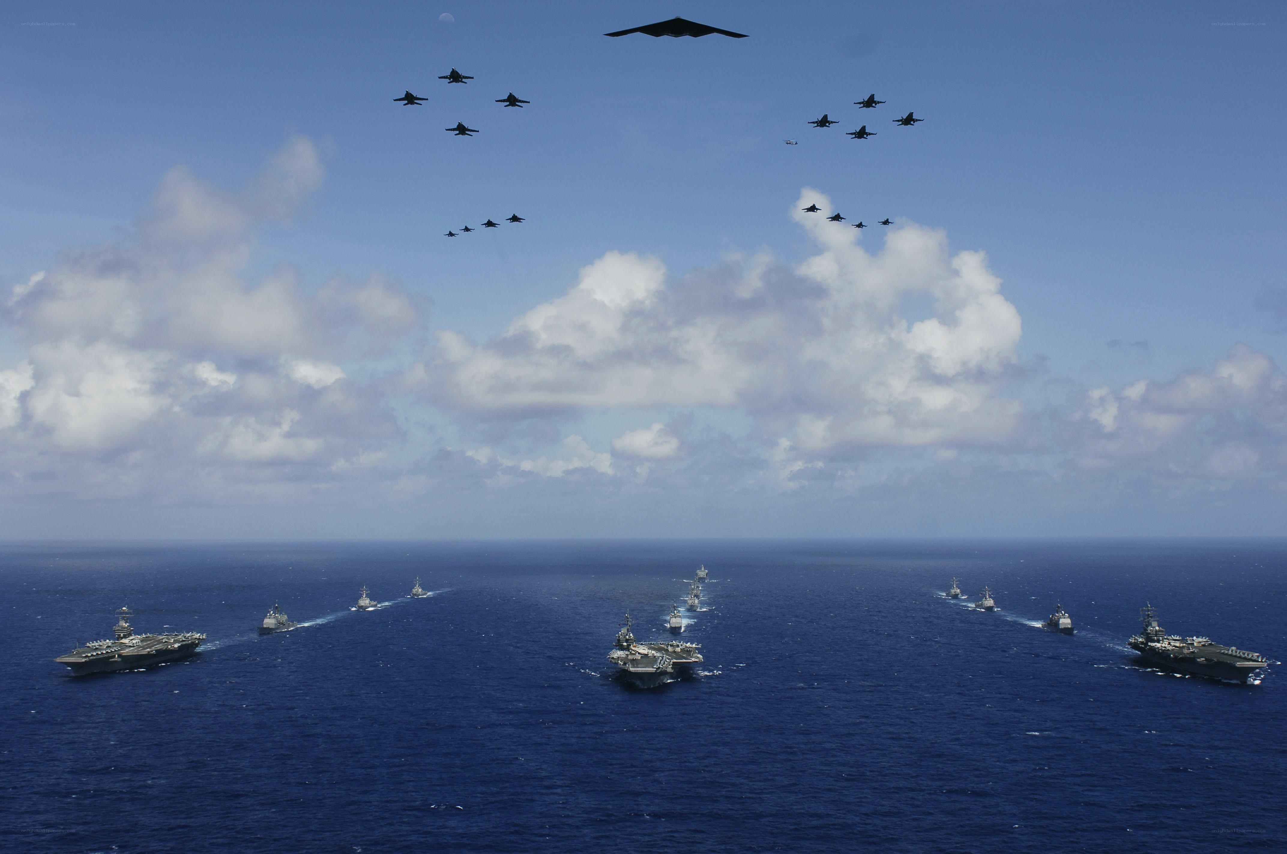 Naval fleet and aircraft formation