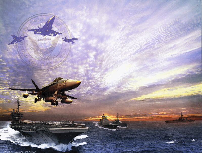Naval fleet at sunset