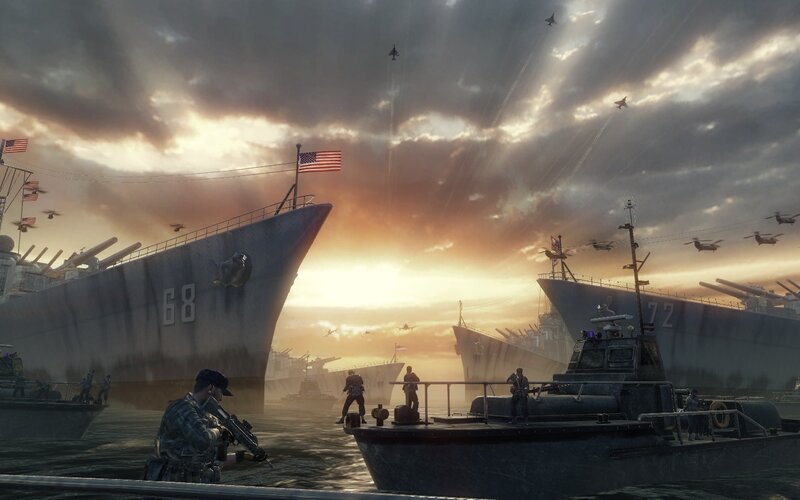 Naval fleet at sunset